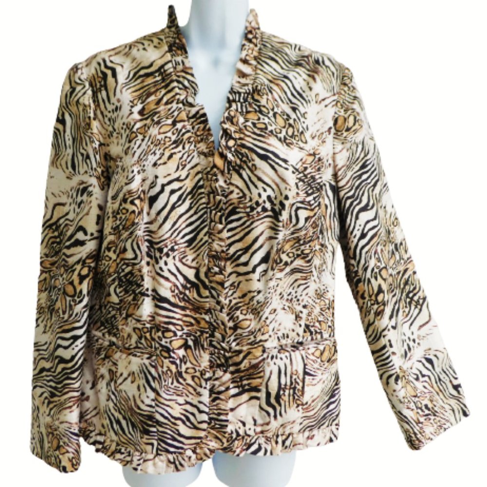 SiLK Chicos Animal Ruffle Neck Open Front Blazer Jacket Brown Satin Lining 1 M 8
